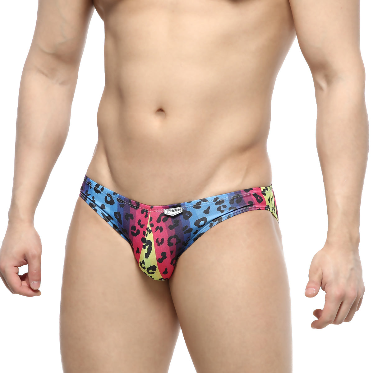 MetroMaleWear Colorado jock strap neon 5011-05 vibrant rainbow leopard-print snug form-fitting swim trunks front view