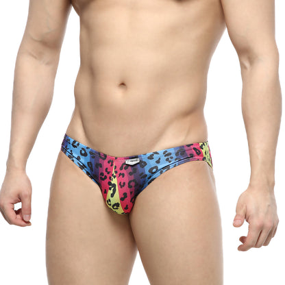 MetroMaleWear Colorado jock strap neon 5011-05 vibrant rainbow leopard-print snug form-fitting swim trunks front view