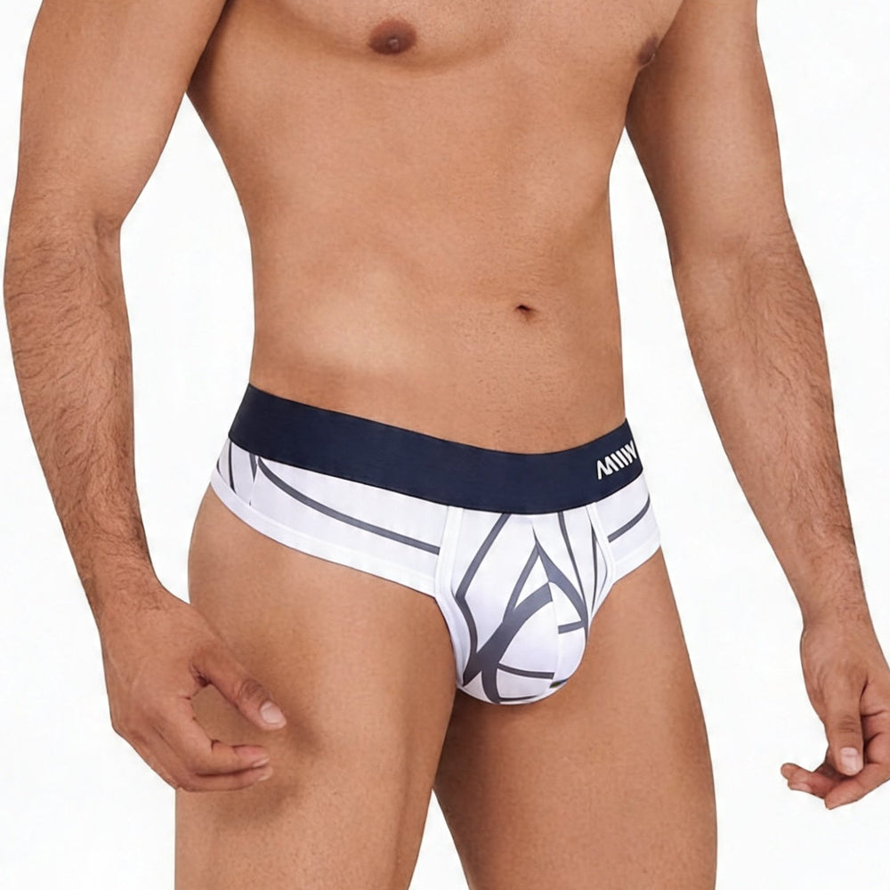 White briefs with navy blue waistband branded anw and dark gray geometric pattern metroMalewear web thong 5012-40