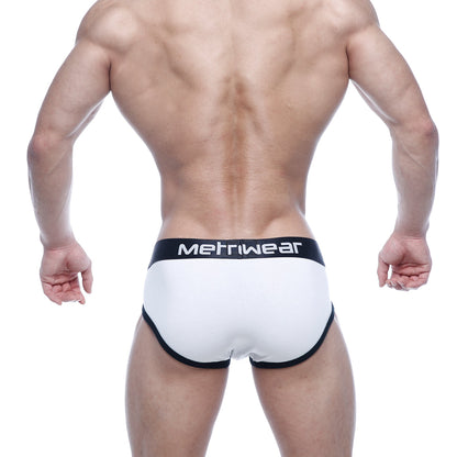 White mens briefs with black trim and metrwear logo on waistband metroMalewear punto hip brief white 5013-00