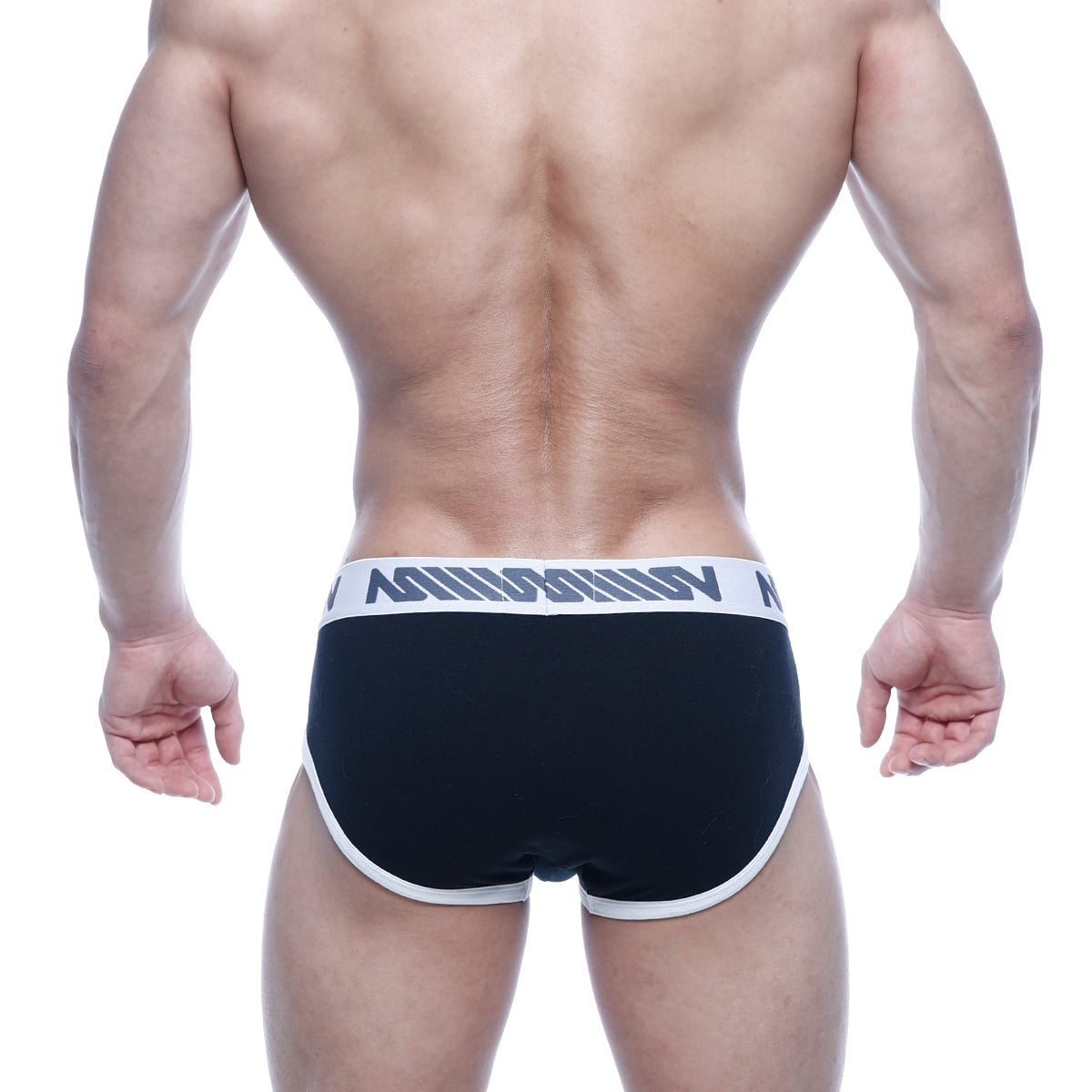 MetroMaleWear Punto hip brief black with white trim and gray logo band comfortable men’s underwear