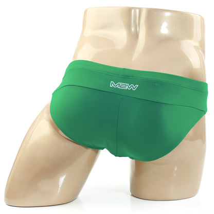 Green mew brand metro male wear aluche bikini briefs in green displayed on a mannequin showing front view