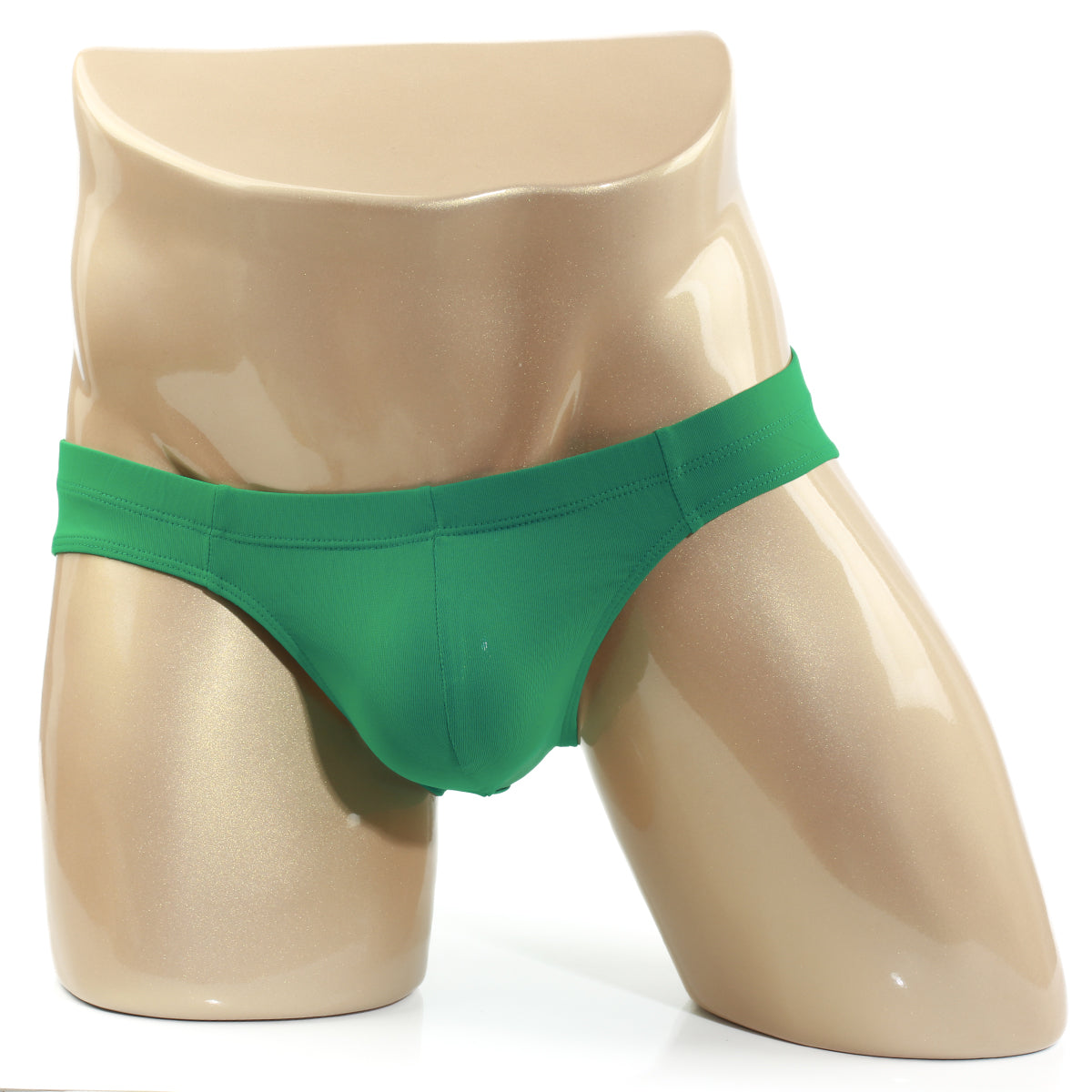 Metro male wear aluche bikini green briefs on mannequin featuring breathable fabric for comfortable daily wear