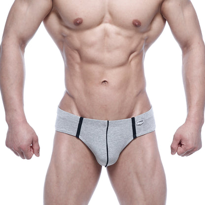 Gray heathered metro malewear oslo hip briefs with black trim and small brand tag on the waistband