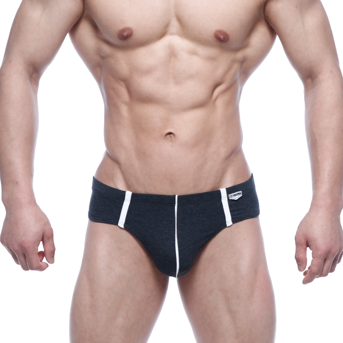 Metro male wear oslo charcoal black briefs with white side stripes and small logo on waistband front view