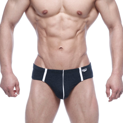 Metro male wear oslo charcoal black briefs with white side stripes and small logo on waistband front view