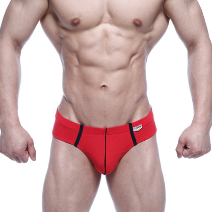 MetroMaleWear Oslo hip brief red 5123-12 with black side stripes and white brand tag on waistband in athletic fabric