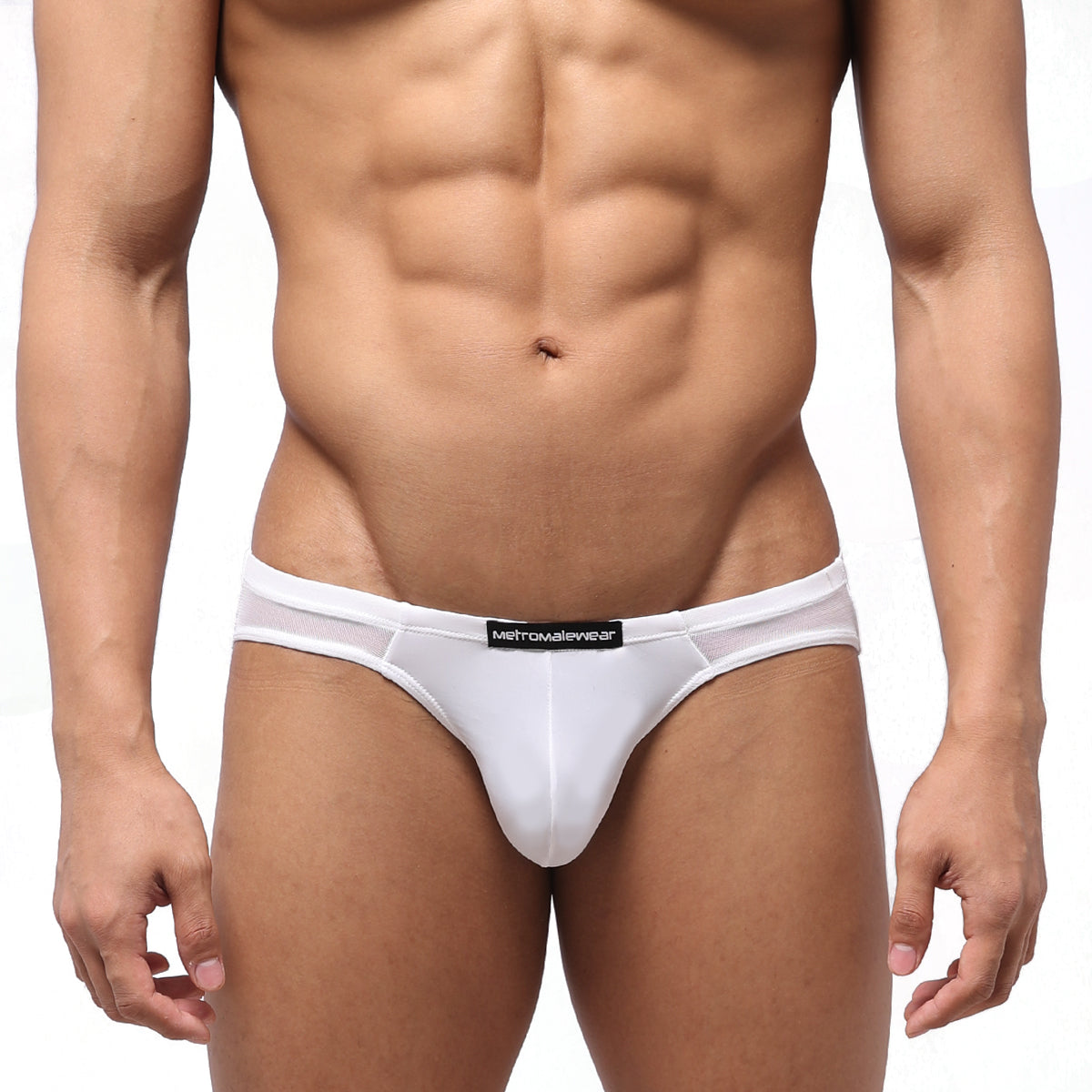 White mesh highcut hip briefs with black brand label by metromalewear for comfortable everyday wear