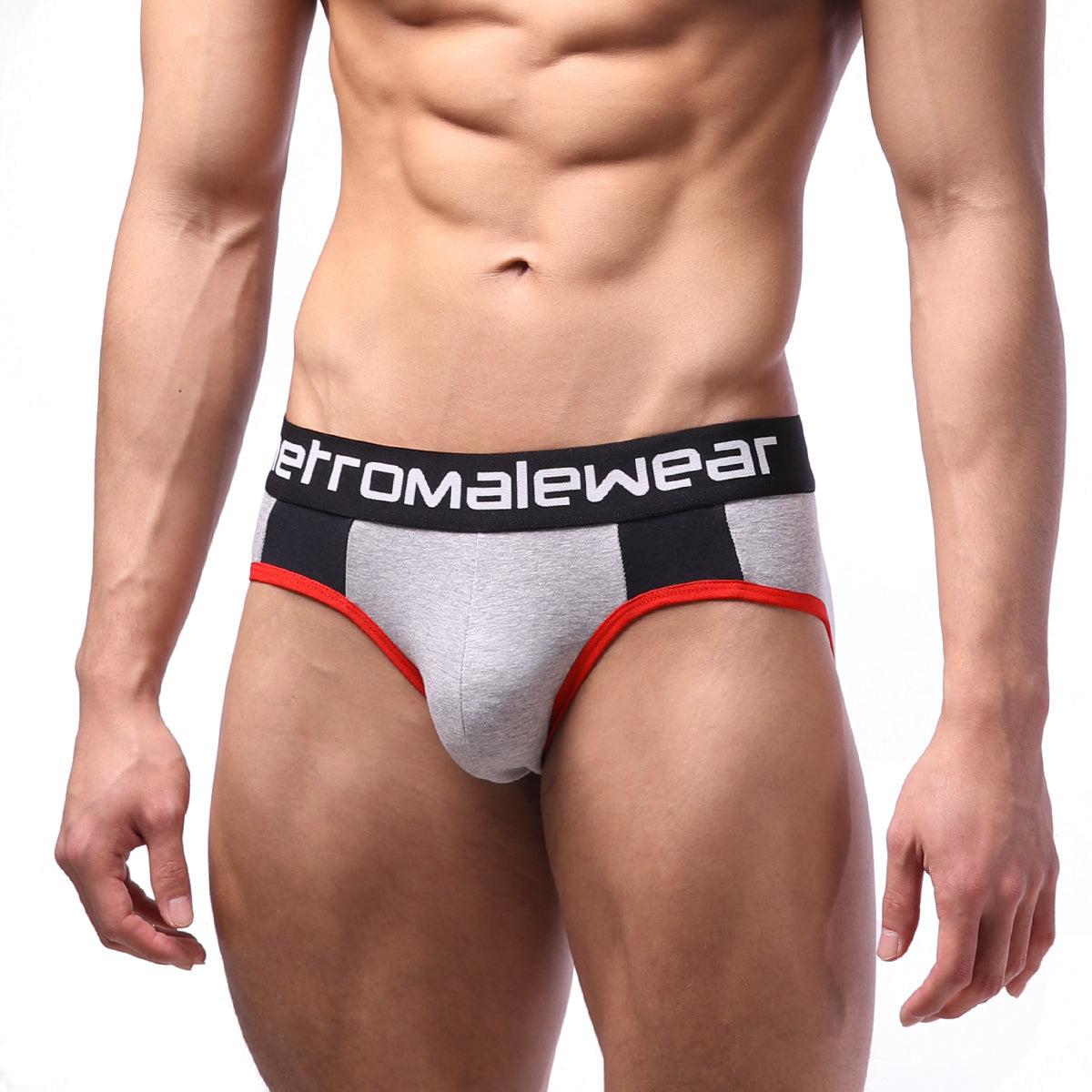 Gray and black athletic highcut hip briefs with red trim and aeromalewear logo on contrasting waistband