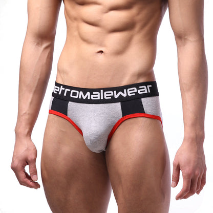 Gray and black athletic highcut hip briefs with red trim and aeromalewear logo on contrasting waistband
