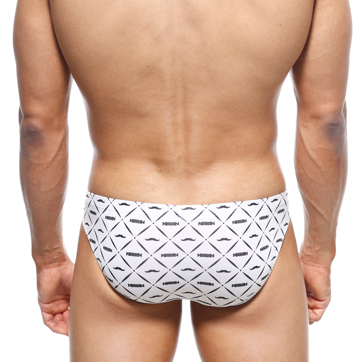 White metro malewear vasco hip brief swim trunks with black geometric mustache pattern and nassim text print