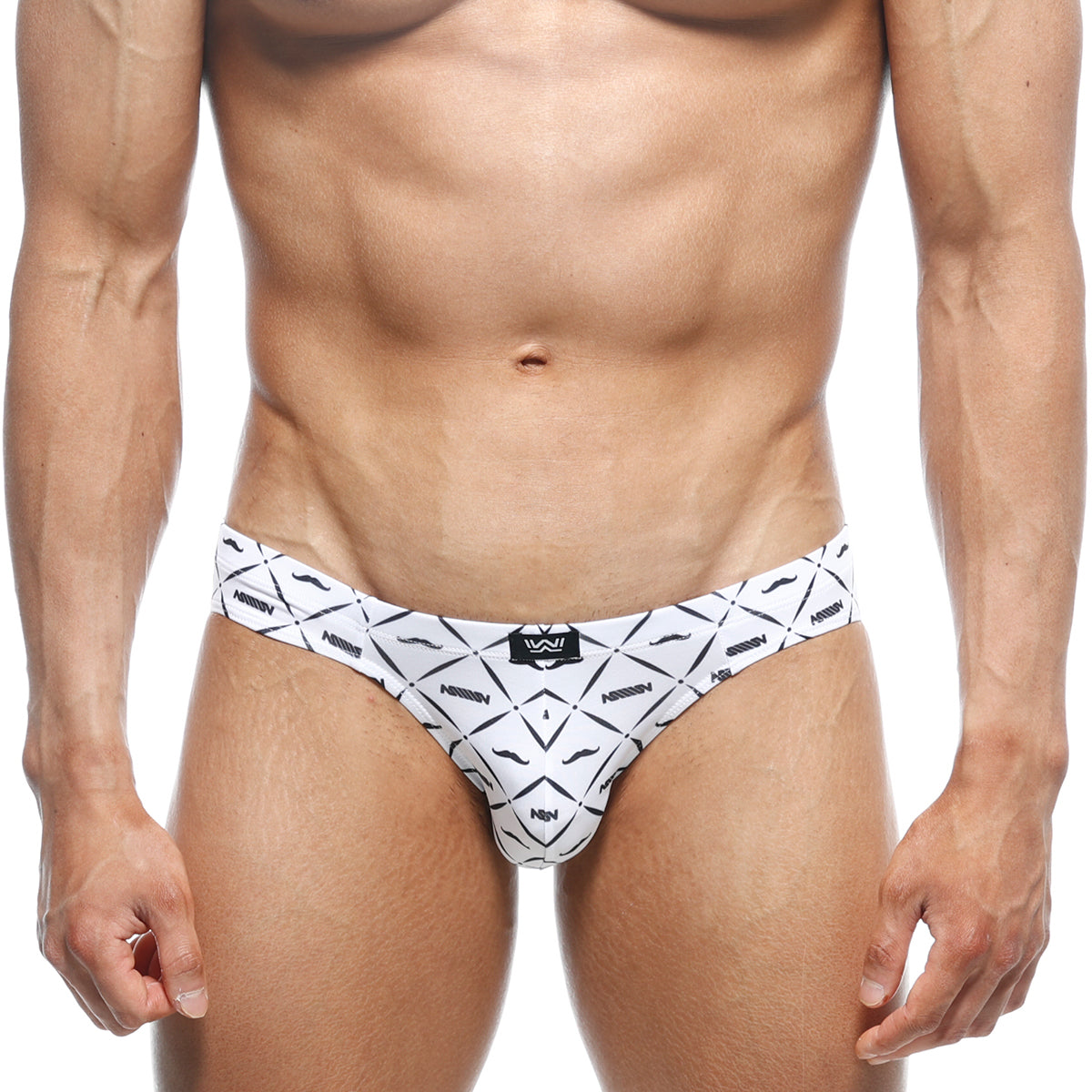 White men’s briefs by naninen featuring a bold black geometric pattern with stylized mustache motifs metro malewear vasco hip brief