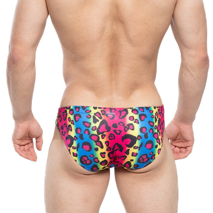 Vibrant rainbow-colored swim trunks with bold leopard print in pink blue and yellow from metromalewear character bikini 5103-m06