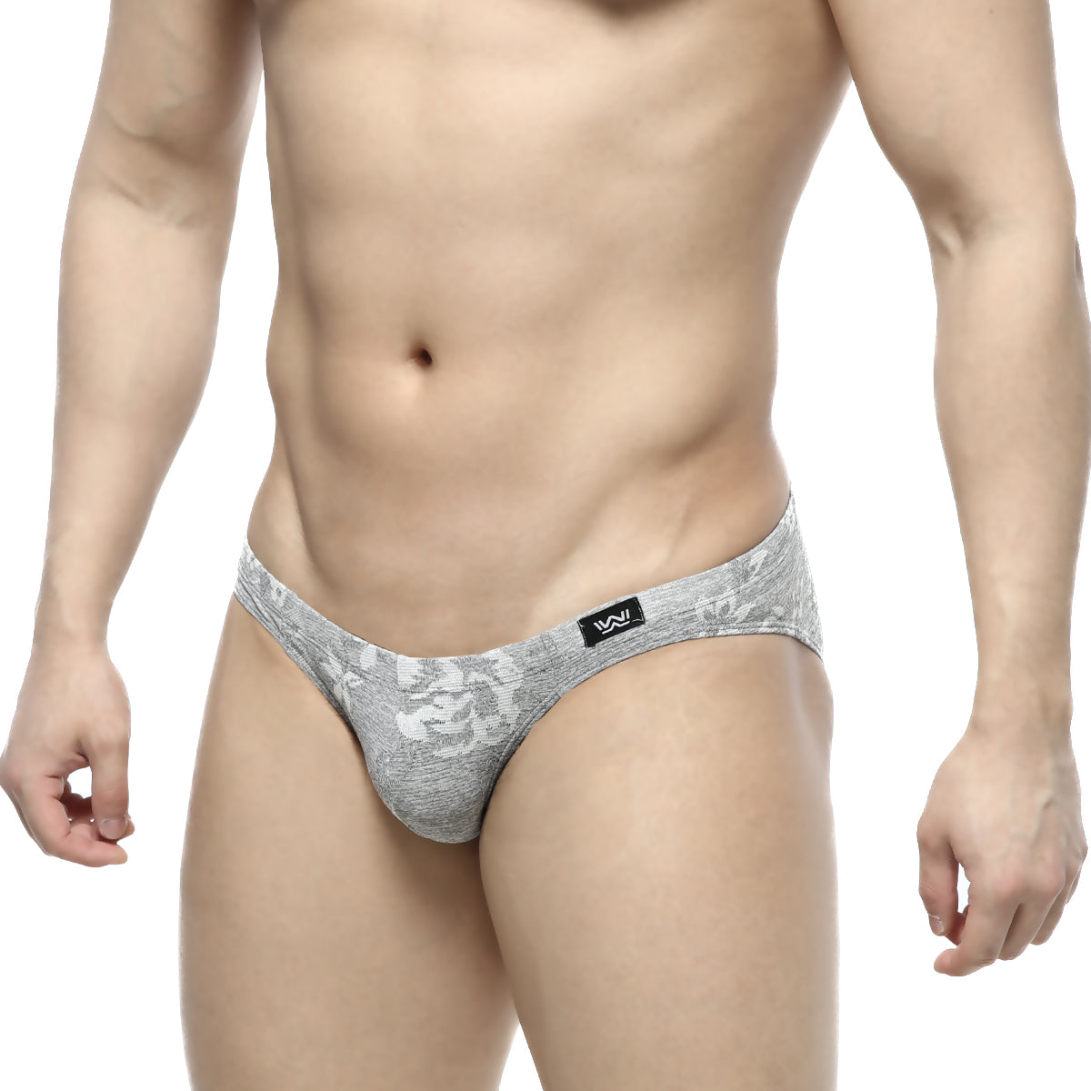 Gray lace-patterned jacquard men’s briefs with subtle sheen and black logo tag on the waistband by MetroMaleWear