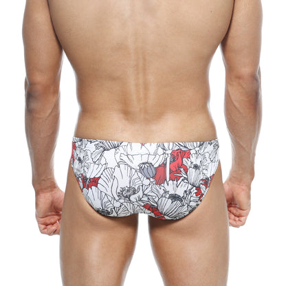MetroMaleWear Vasco Hip Brief Escobar 5103-09 swim trunks with white and red poppy pattern and black outlines
