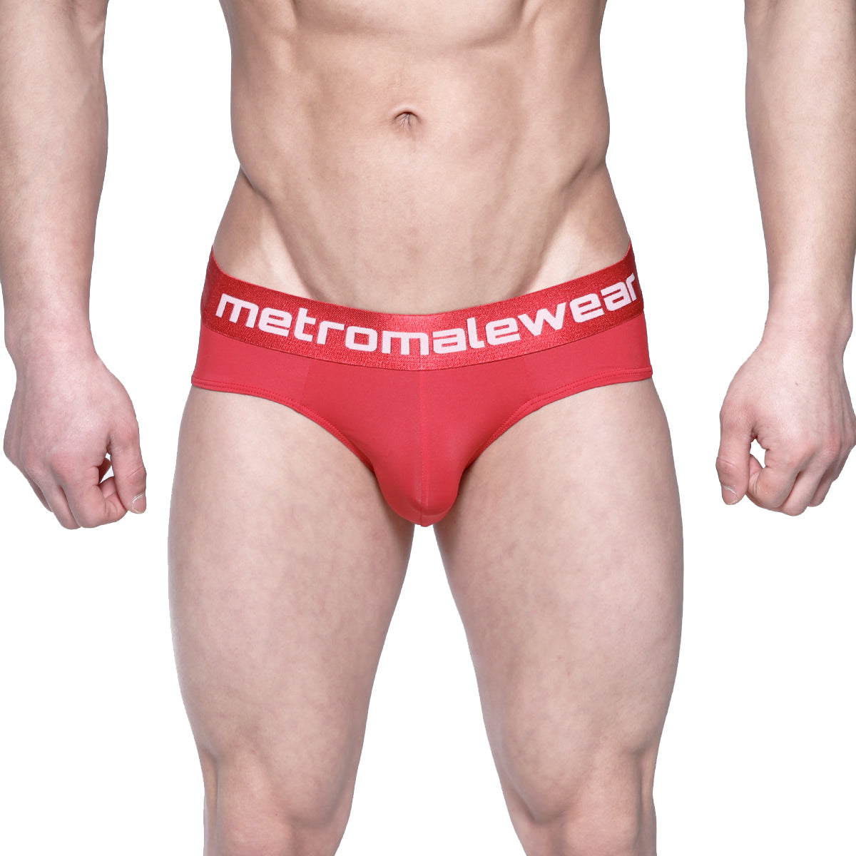 Red metromalewear vasco hip briefs with a white logo band designed for comfortable daily wear