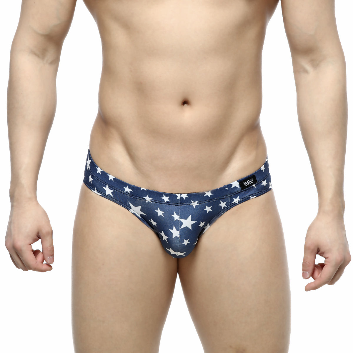 Navy blue MetroMaleWear Estella Bikini 5103-14 swim trunks with white star pattern for men’s beachwear