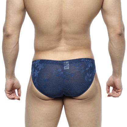 Navy blue sheer lace briefs with floral pattern from metromalewear jacquard bikini royal 5103-16 front view