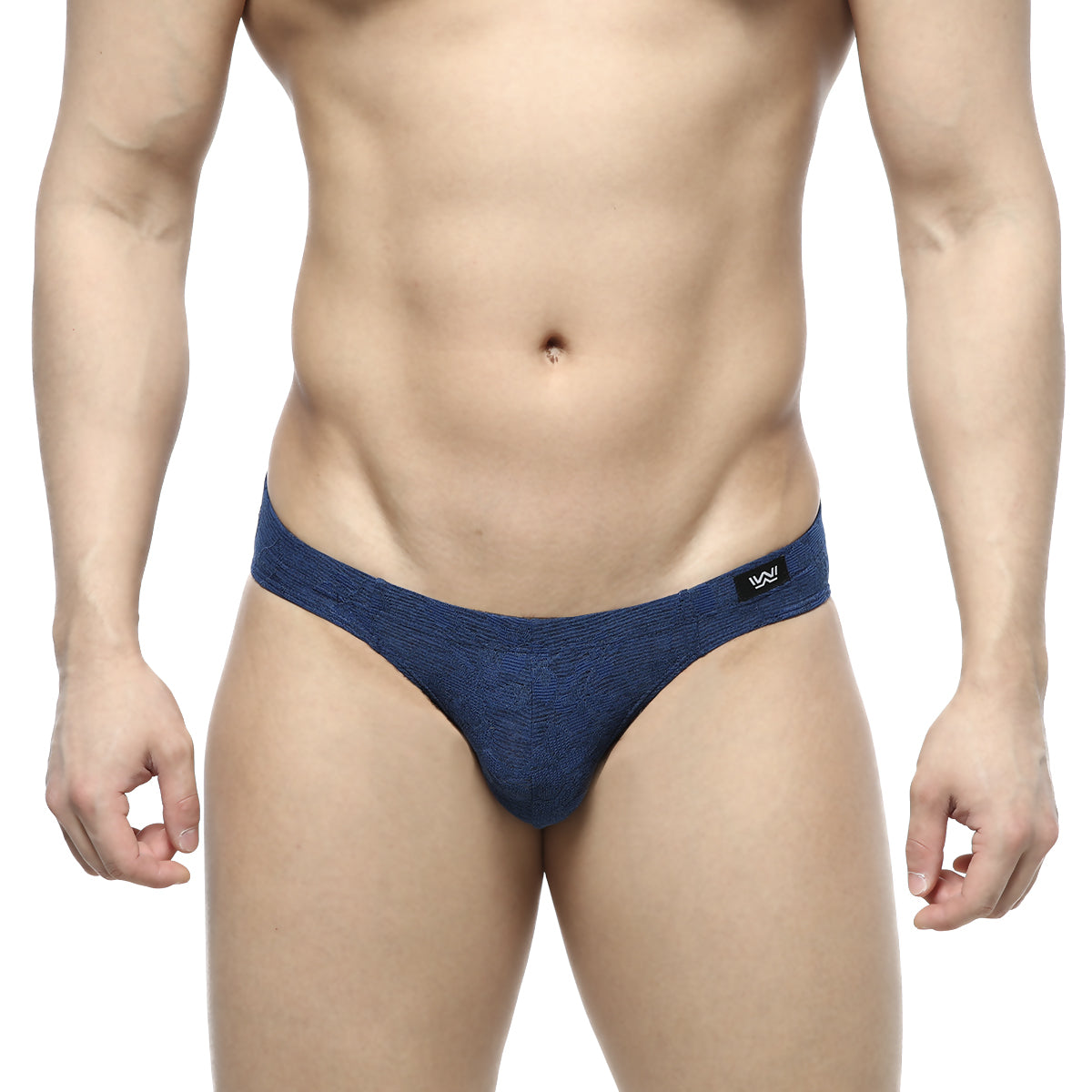 Navy blue textured MetroMaleWear Jacquard Bikini briefs with a small black logo on the waistband in royal 5103-16