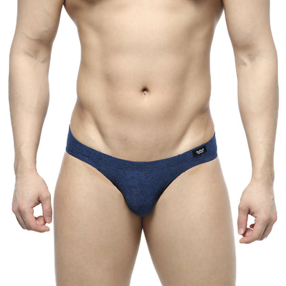 Navy blue textured MetroMaleWear Jacquard Bikini briefs with a small black logo on the waistband in royal 5103-16