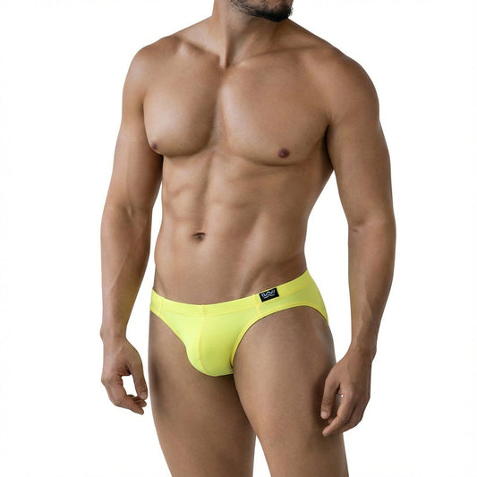 Bright yellow MetroMaleWear Oro Bikini 5103-17 men’s briefs with black logo waistband made of soft breathable fabric