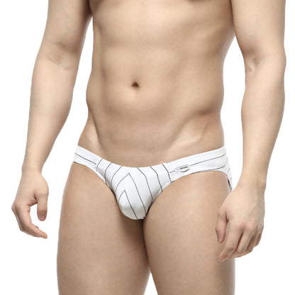 White briefs with black vertical pinstripes and a small brand tag on waistband from MetroMaleWear Linea Bikini 5103-19