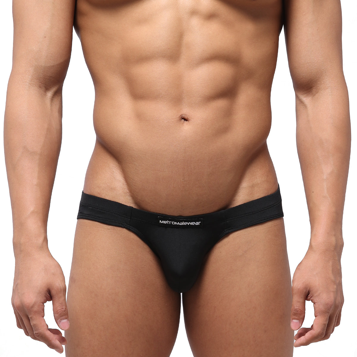 Black men’s briefs with snug form-fitting design and metromalewear logo embroidered on waistband in black color