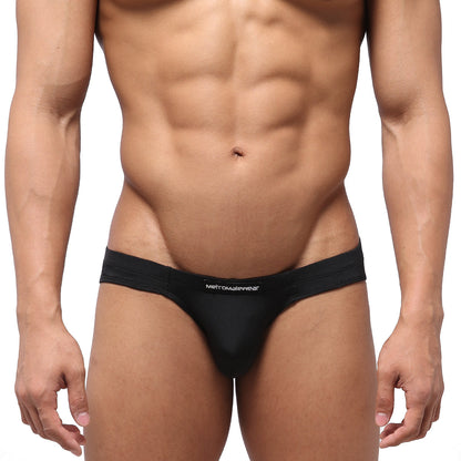 Black men’s briefs with snug form-fitting design and metromalewear logo embroidered on waistband in black color