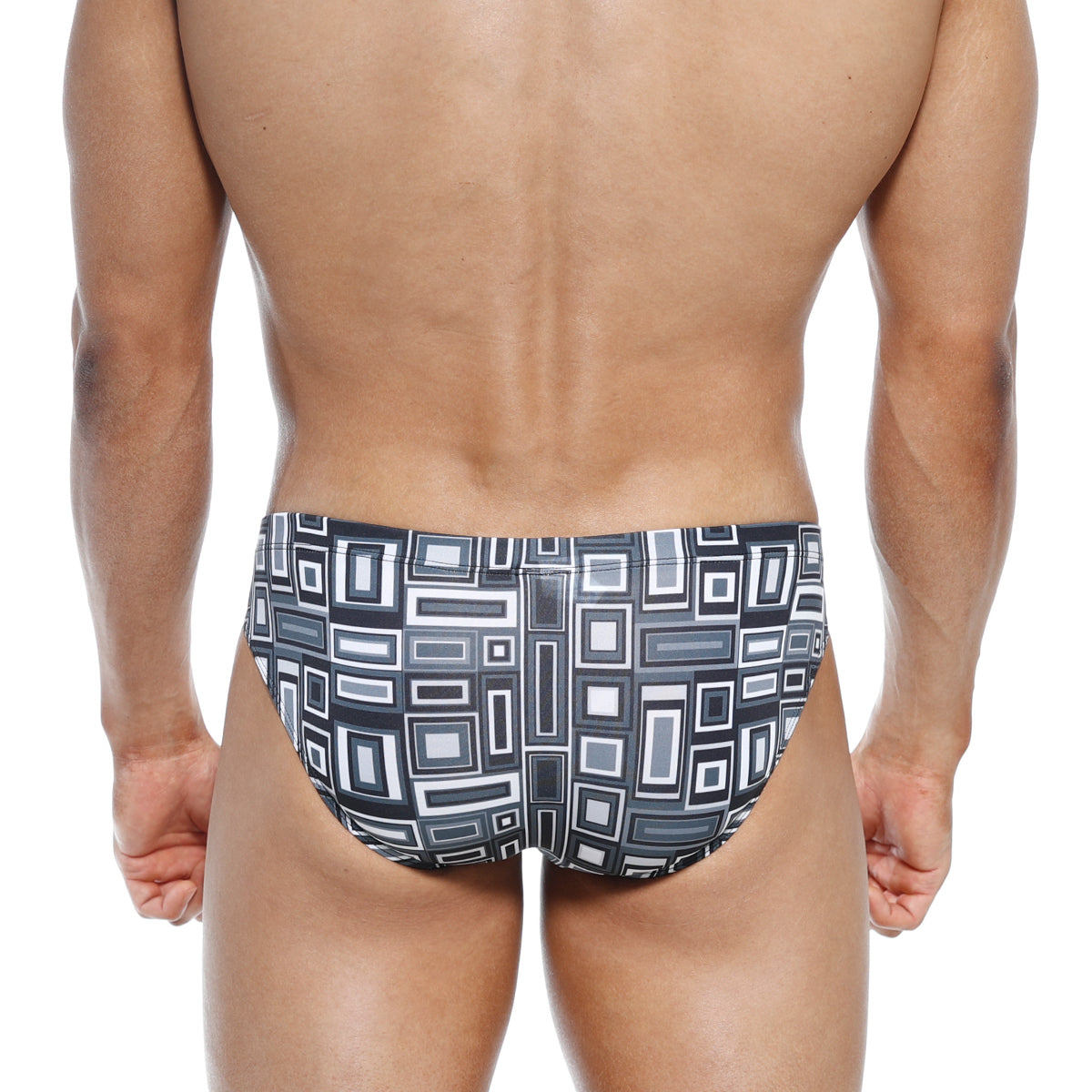 Black and white geometric patterned swim trunks with modern abstract design metro male wear vasco hip brief basalto 5103-23