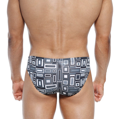 Black and white geometric patterned swim trunks with modern abstract design metro male wear vasco hip brief basalto 5103-23
