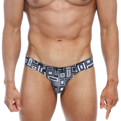 Men’s black and white geometric patterned swim trunks with bold design metro male wear vasco hip brief basalto 5103 23