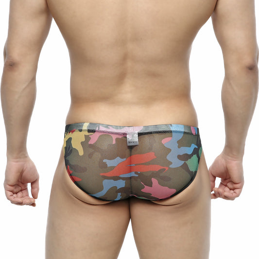 MetroMalewear mixtos bikini 5103-24 multicolored camouflage mesh briefs with sheer fabric and bold red blue green yellow pink splotches