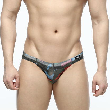 MetroMaleWear Mixtos Bikini 5103-24 black blue red camouflage mesh thong with small logo on waistband front view