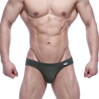 Olive green metro malewear vasco hip briefs with small white brand tag on waistband for comfortable daily wear