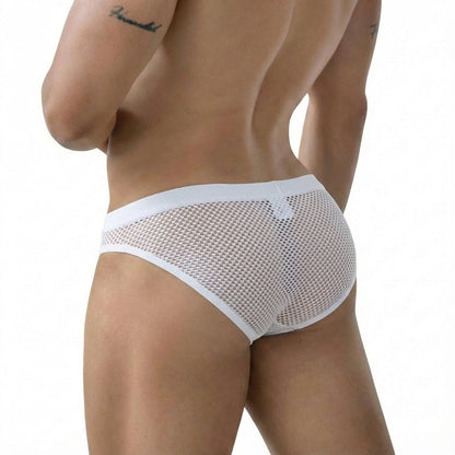 MetroMaleWear Grid mesh bikini briefs in white featuring a solid waistband and trim made of breathable mesh fabric