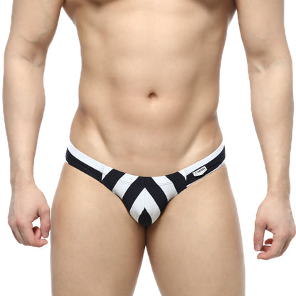Black and white striped men’s briefs with a chevron pattern metroMalewear stripe bikini 5103-29 front view