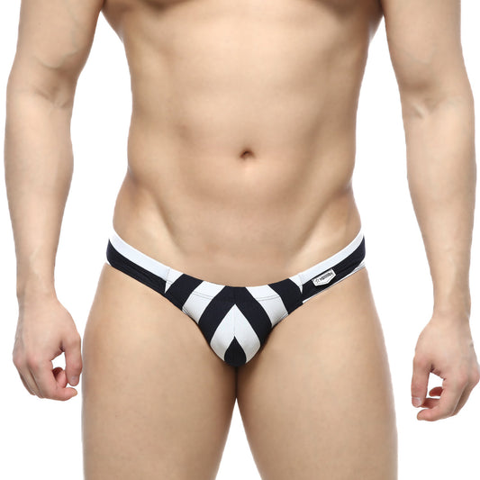 Black and white striped men’s briefs with a chevron pattern metroMalewear stripe bikini 5103-29 front view