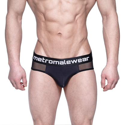 Black mesh metroMalewear layered hip brief with white logo waistband for stylish breathable comfort