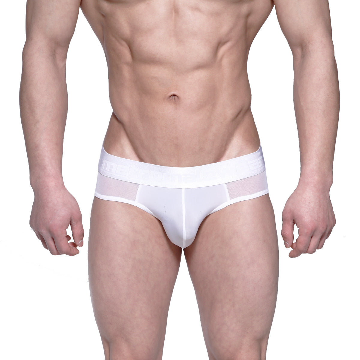 White mens briefs metro male wear layered hip brief 5103-32 with solid waistband and sheer mesh side panels