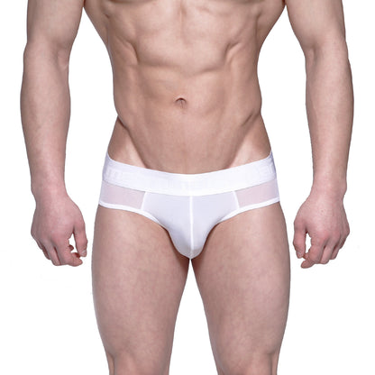 White mens briefs metro male wear layered hip brief 5103-32 with solid waistband and sheer mesh side panels