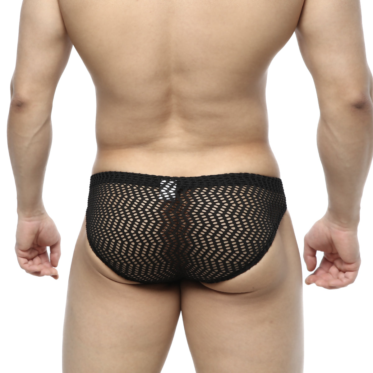MetroMaleWear Onda bikini black mesh briefs with hexagonal pattern and solid waistband front view
