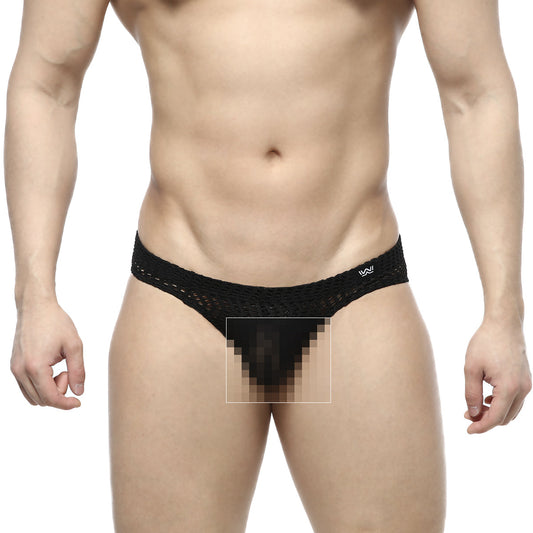 Black lace-trimmed men’s thong with subtle logo on waistband metro male wear onda bikini black 5103-34