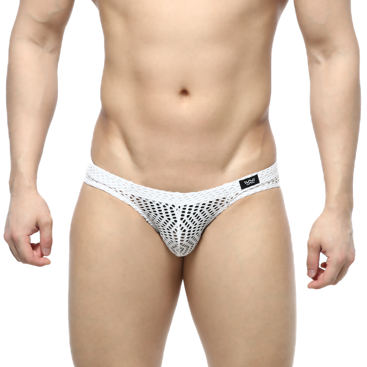White mesh briefs with a geometric pattern and black MetroMaleWear logo on waistband in onda bikini style