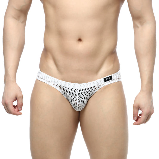 White mesh briefs with a geometric pattern and black MetroMaleWear logo on waistband in onda bikini style