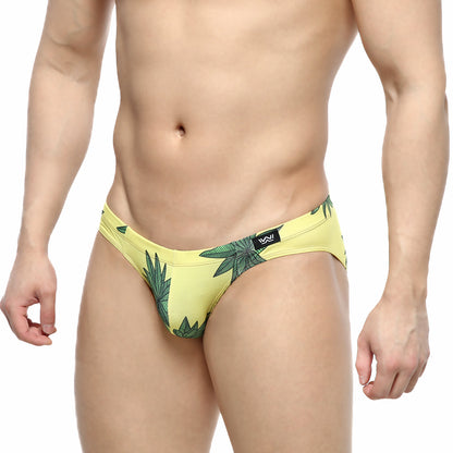 Yellow swim trunks metro male wear palmera bikini 5103-37 with green leaf pattern and black logo waistband
