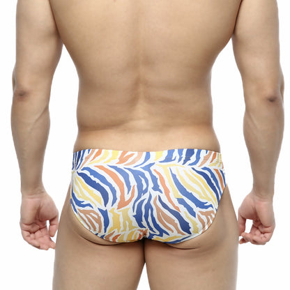 MetroMaleWear Zebra Bikini 5103-38 vibrant blue yellow and orange zebra-striped swim trunks with bold pattern