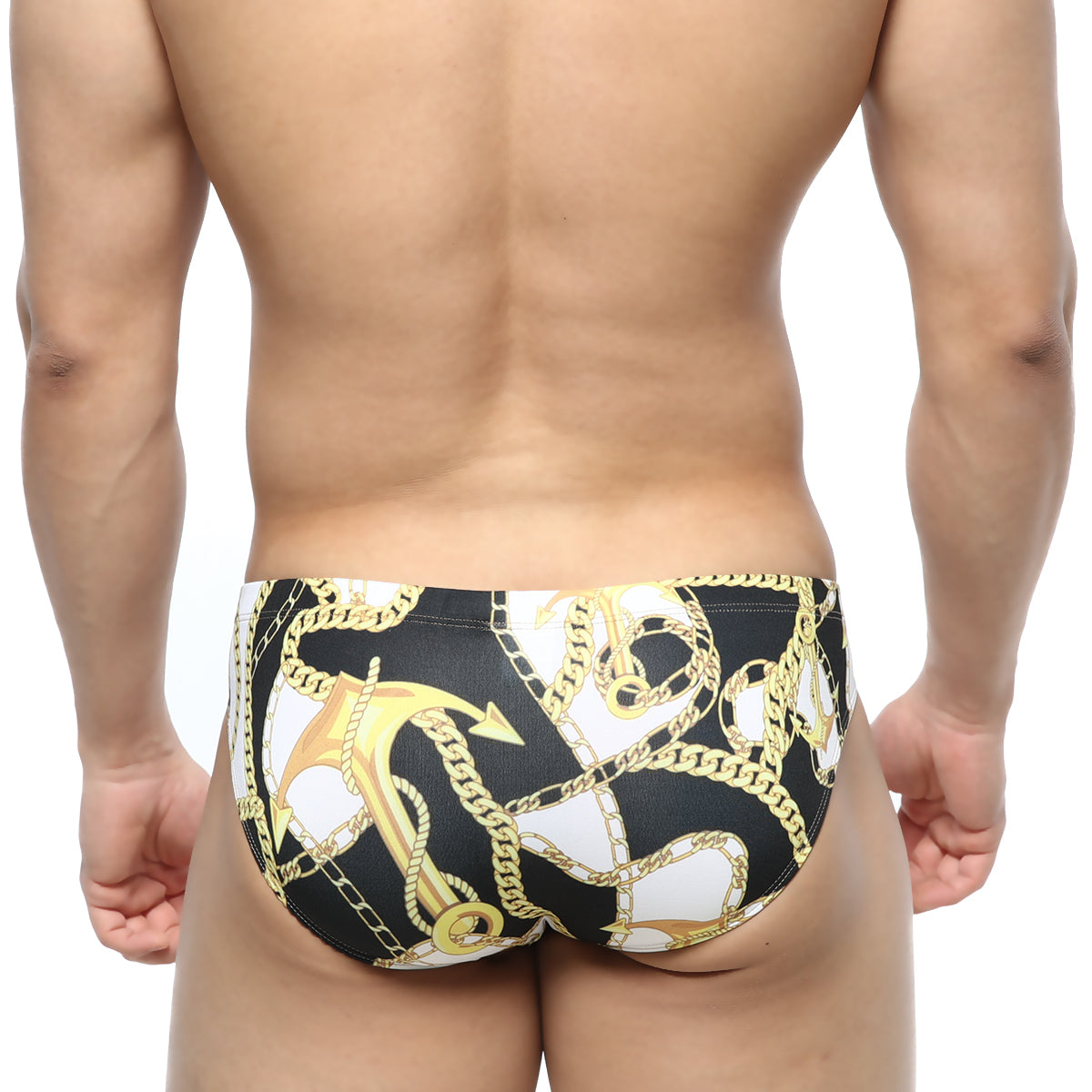 MetroMaleWear Lujo bikini black swim trunks with bold gold and white anchor and chain pattern for men