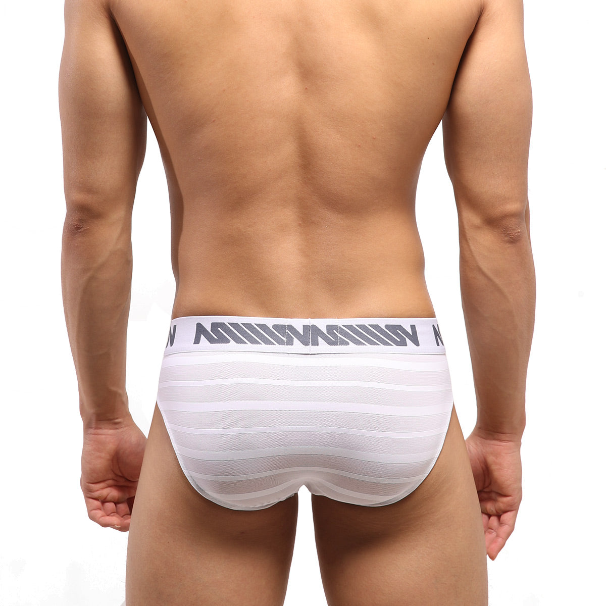 White striped men’s highcut hip briefs with gray logo waistband made of mesh stripe fabric by metromalewear