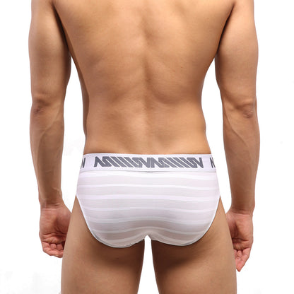 White striped men’s highcut hip briefs with gray logo waistband made of mesh stripe fabric by metromalewear