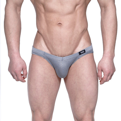 Gray mesh men’s briefs with a black logo tag on the waistband from MetroMaleWear Vasco Hip Brief 5103-42